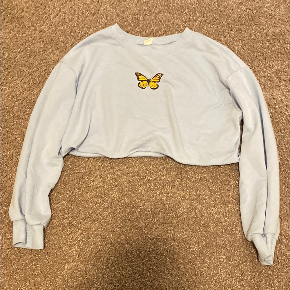 Light Blue Cropped Sweatshirt with Butterfly Patch